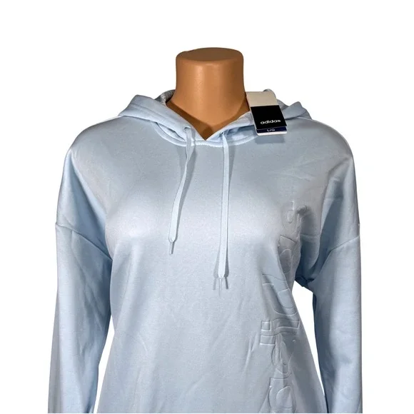 Adidas Womens Light Blue Embossed Logo Pullover Hoodie Size L NWT - Picture 3 of 12
